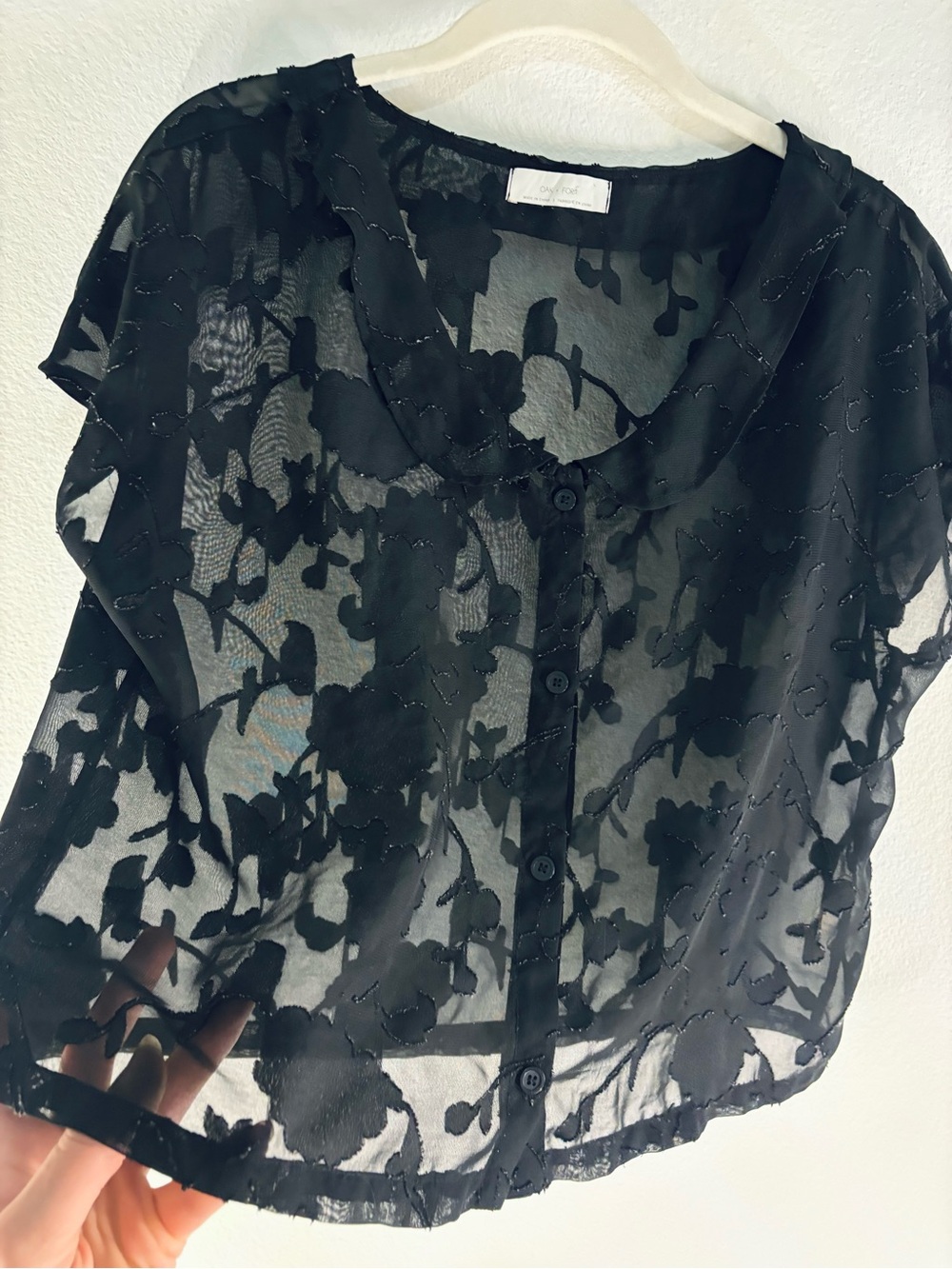OAK + FORT Black Sheer Embroidered Button-Up Cropped Blouse Size L